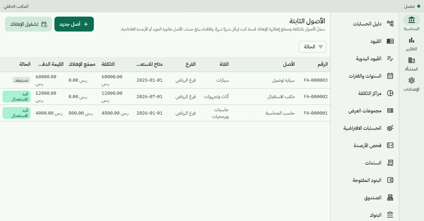سجل الأصول الثابتة: الأصل وتكلفته ومجمع إهلاكه وقيمته الدفترية