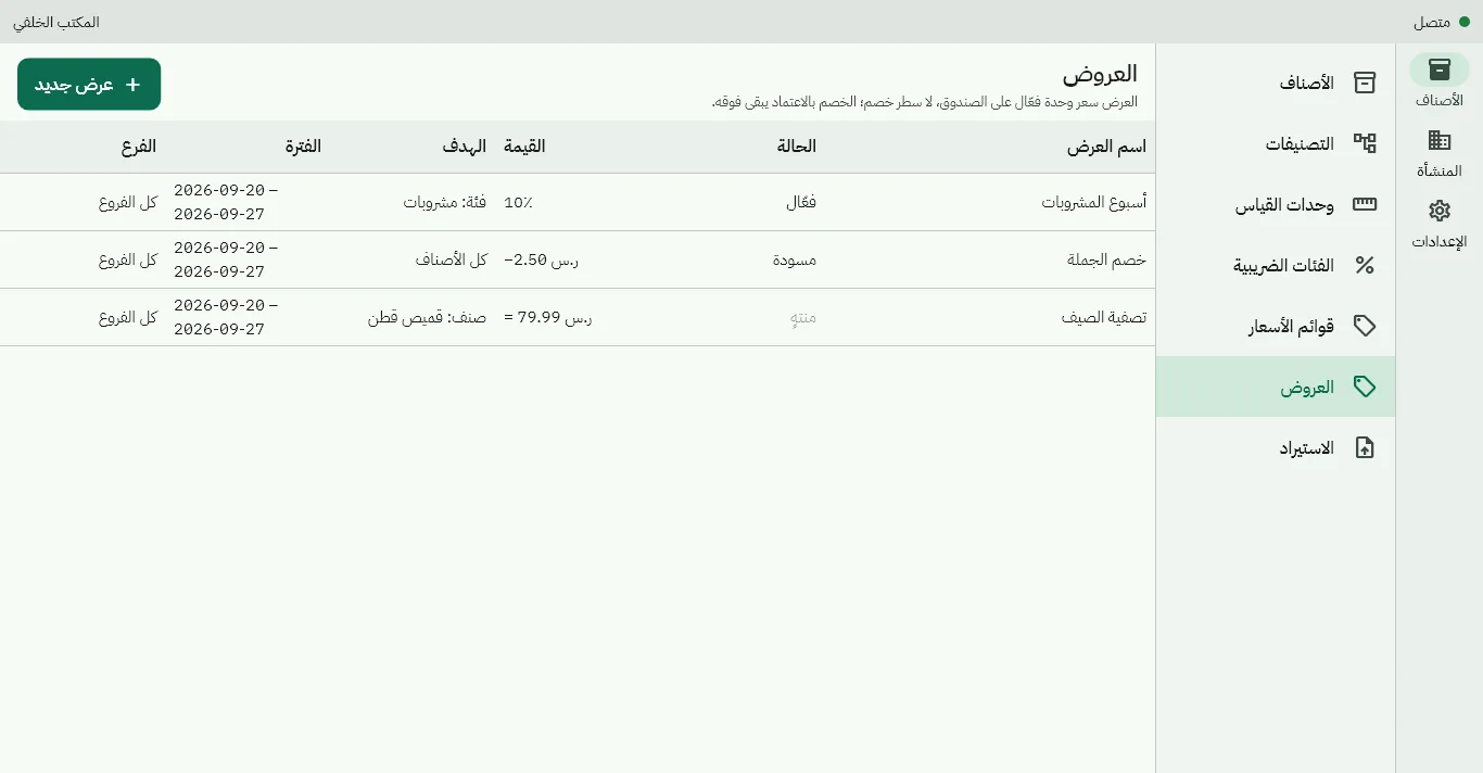 شاشة العروض: عروض بالنسبة أو المبلغ أو السعر الثابت بفترتها وفرعها